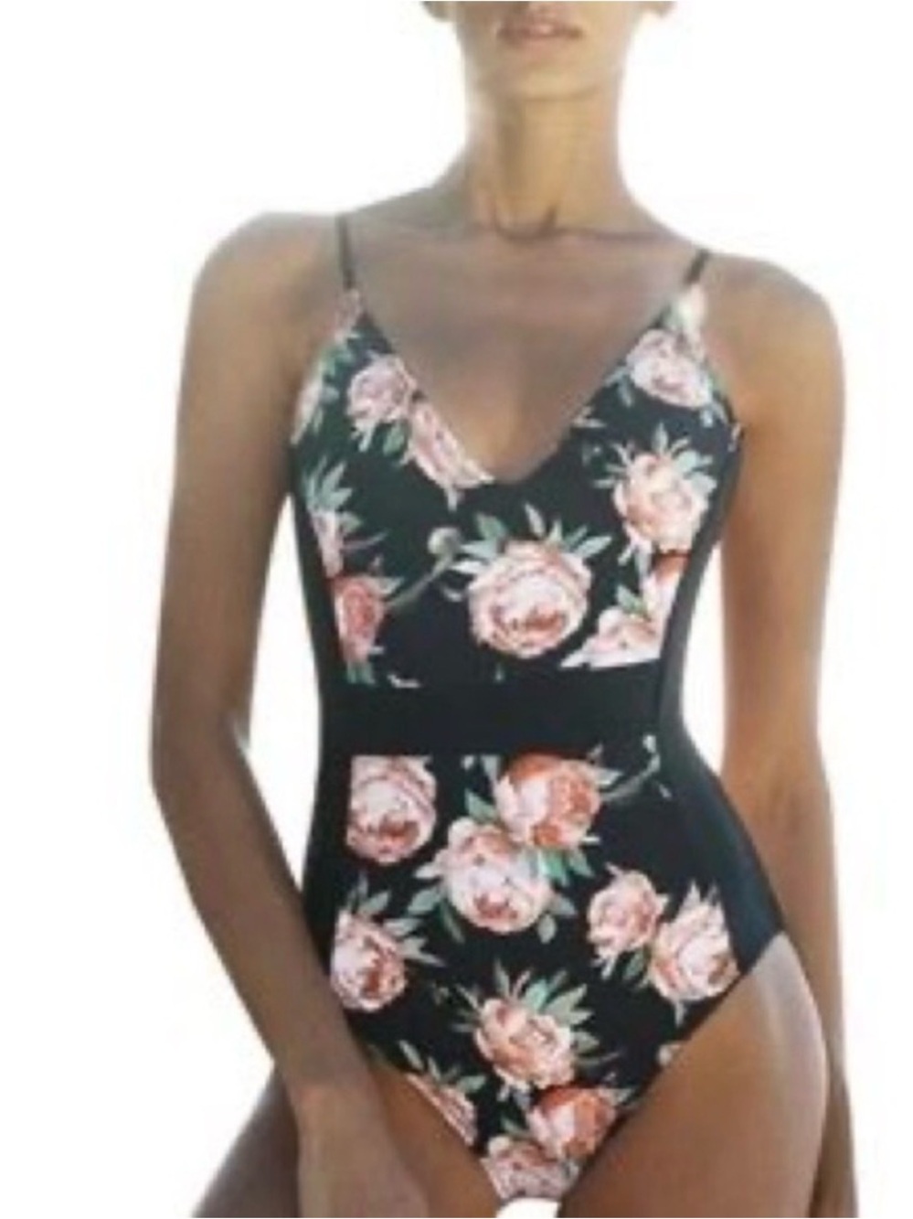 Cupshe Black Floral One-Piece Swimsuit with Pink Roses
